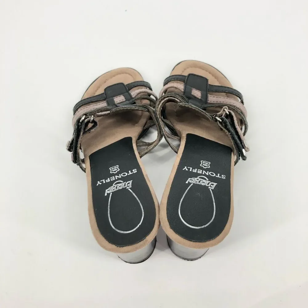 Stonefly Heeled Sandals‎ Womens 38 Black Cream Strappy Leather Slip On Open Back